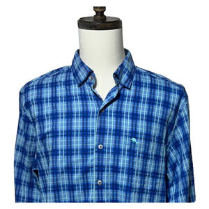 Tommy Bahama Newport Coast Shirt Mens Large Blue Plaid Pima Cotton Blend Beachy